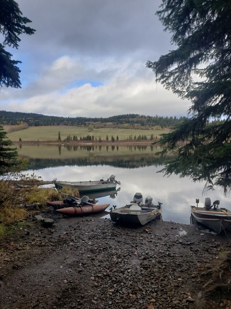 Lakeside stillwater camp access with boats pulled in at the shore