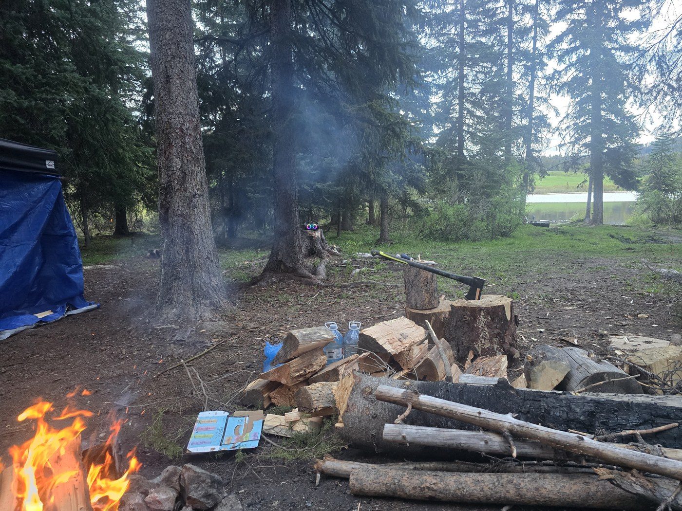 Campfire and woodpile beside the lake
