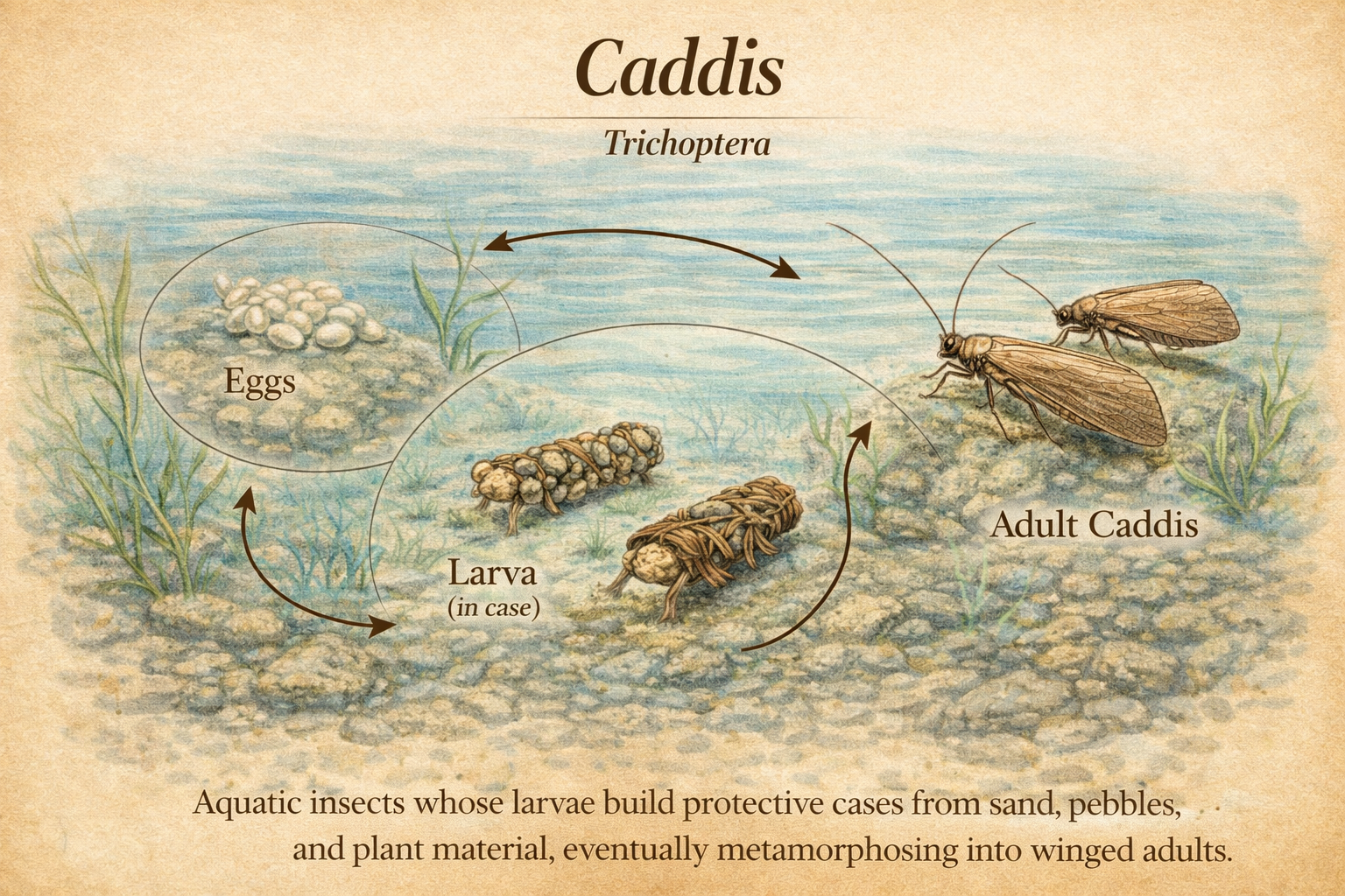 Illustrated caddis life cycle for stillwater fly fishing