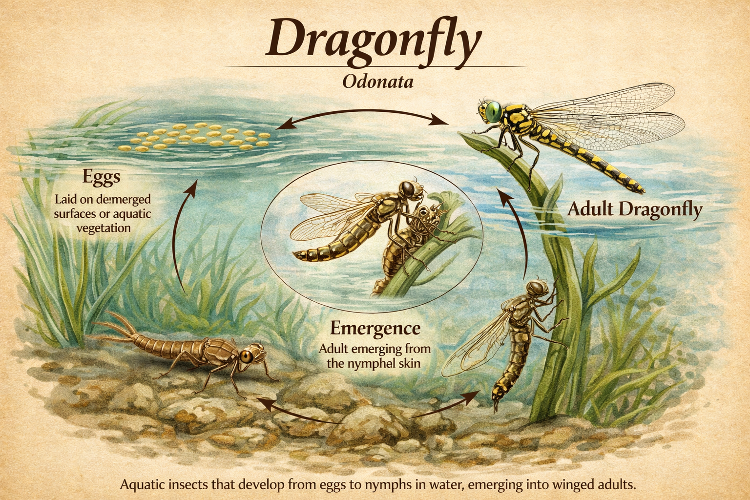 Illustrated dragonfly life cycle for stillwater fly fishing