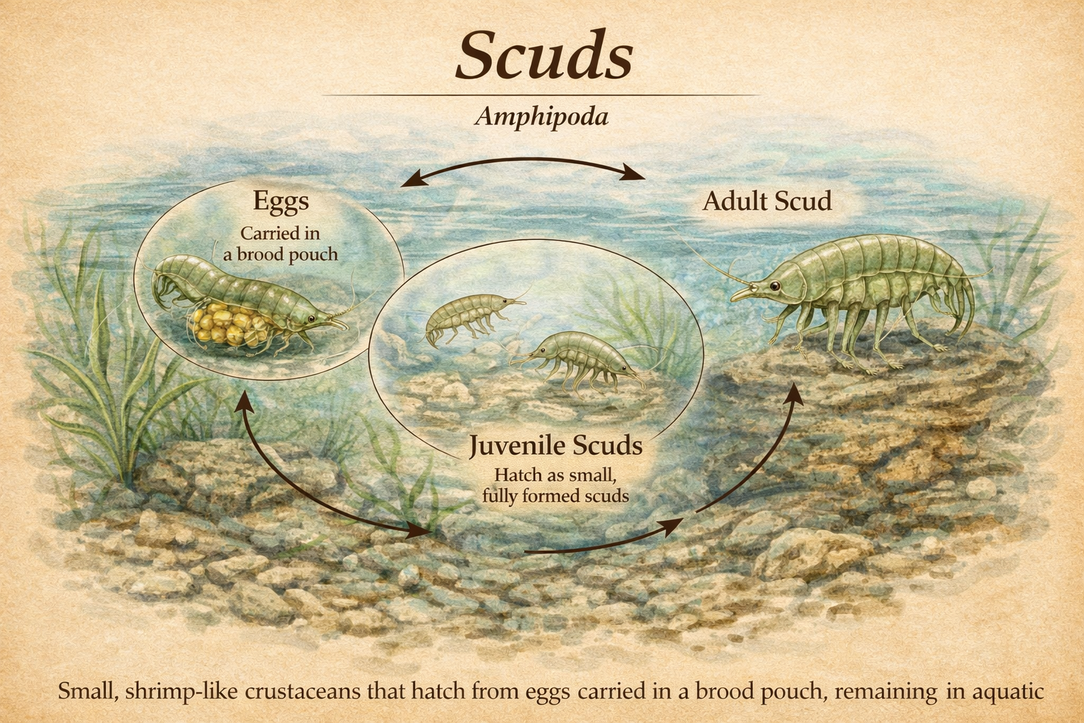 Illustrated scud life cycle for stillwater fly fishing