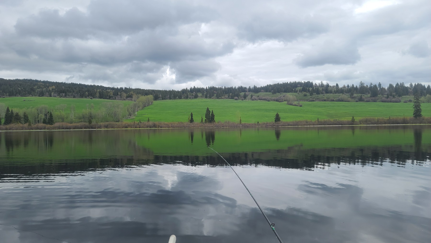 Fly line fished across open stillwater water