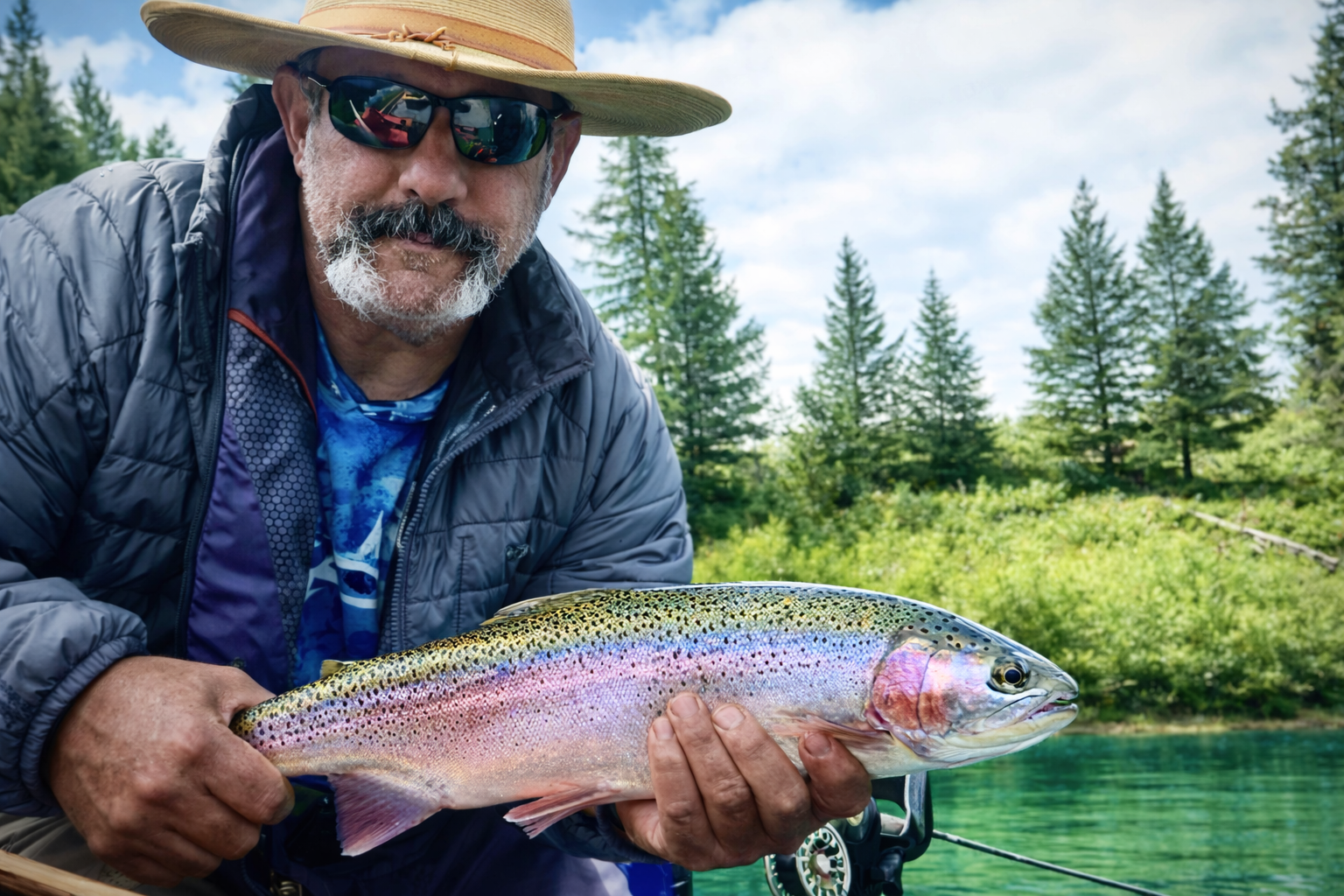 Sheldon Guertin with a trout beside the water