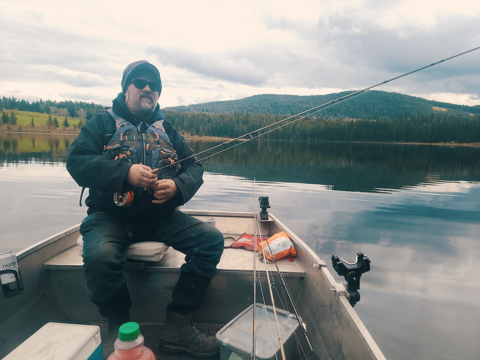 Angler trolling a fly line system from the boat